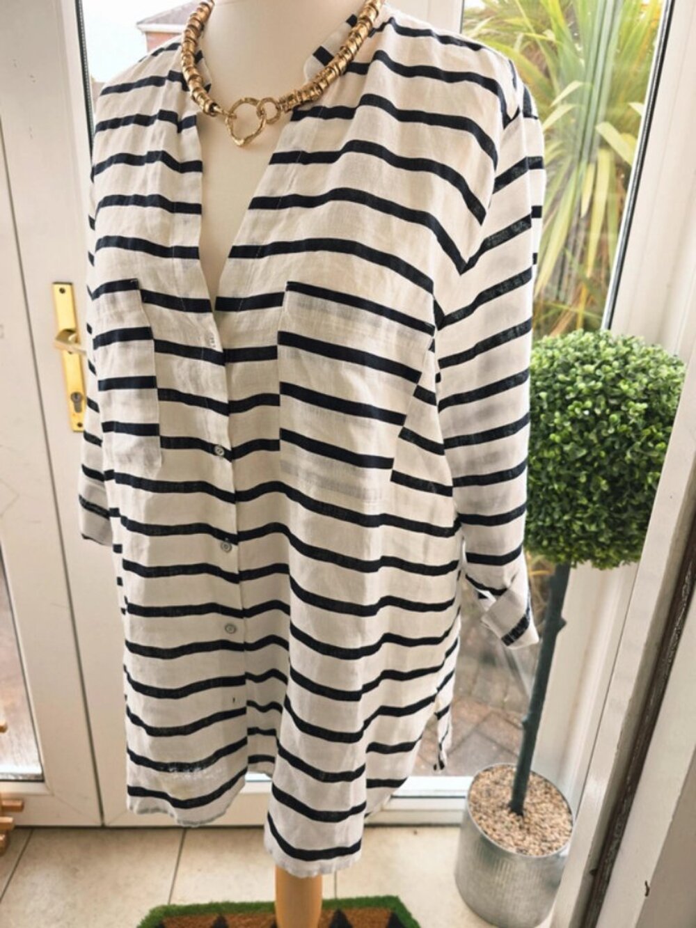 Zara navy white stripe linen top